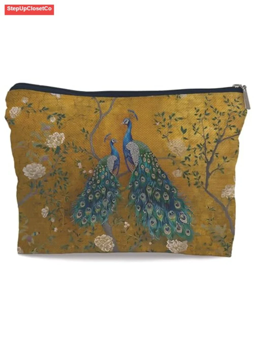 Vintage Chinoiserie Peacock Cosmetic Bag, Zipper Makeup Pouch, Travel Toiletry